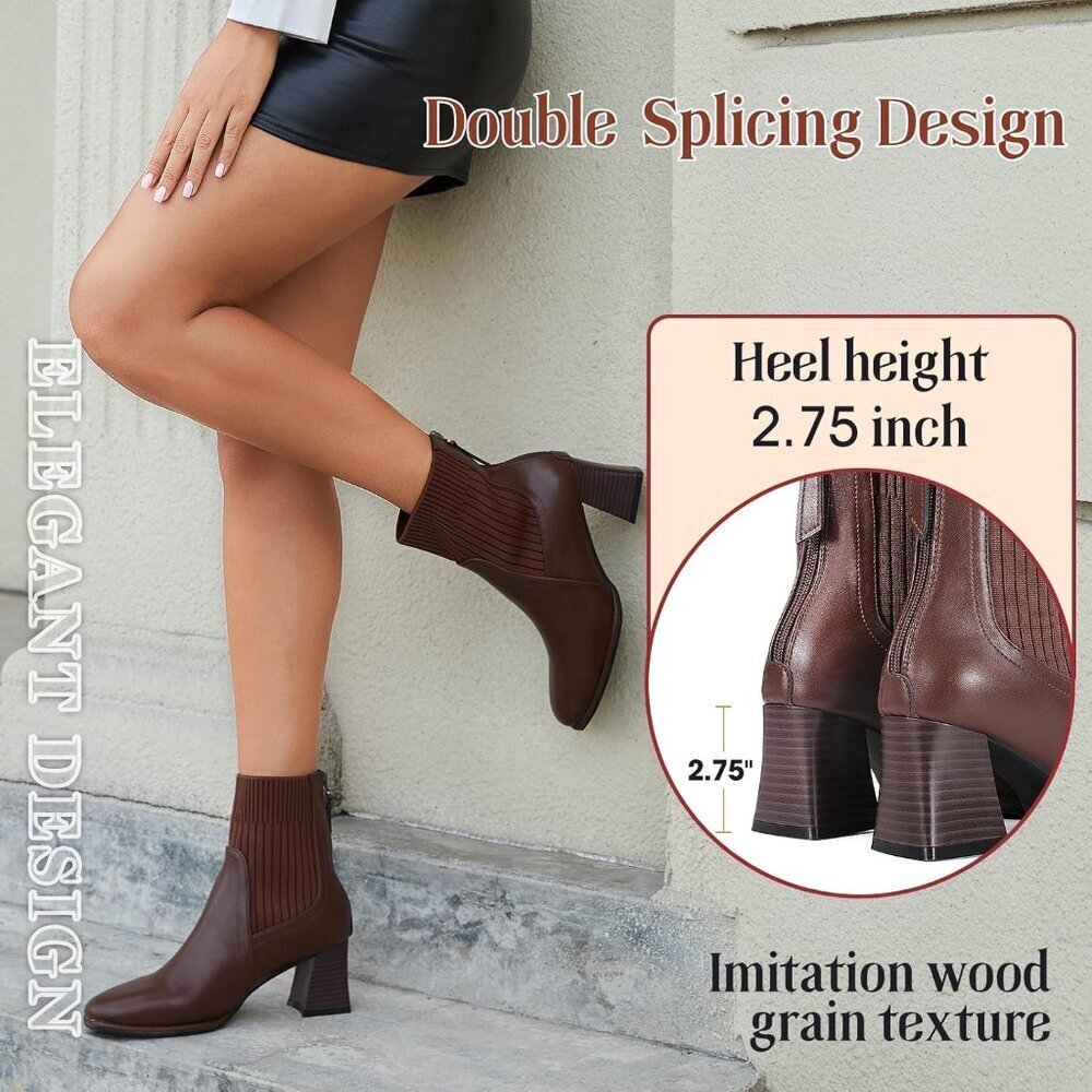 Women's Brown Square Toe Ankle Boots Low Block Heel Chelsea Boots Back Zipper - Picture 5 of 6